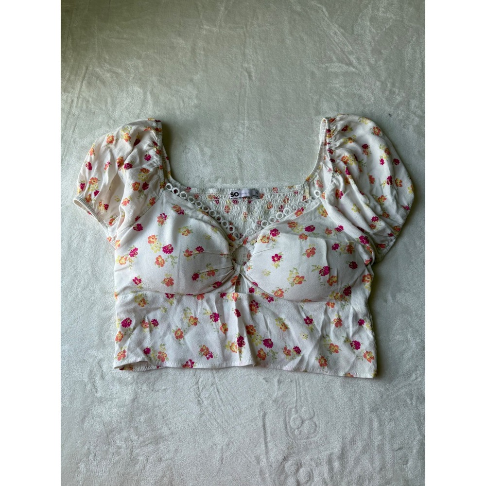SO Goods For Life Floral Smocked Crop Top XL White Pink Puff Sleeve Cottagecore‎